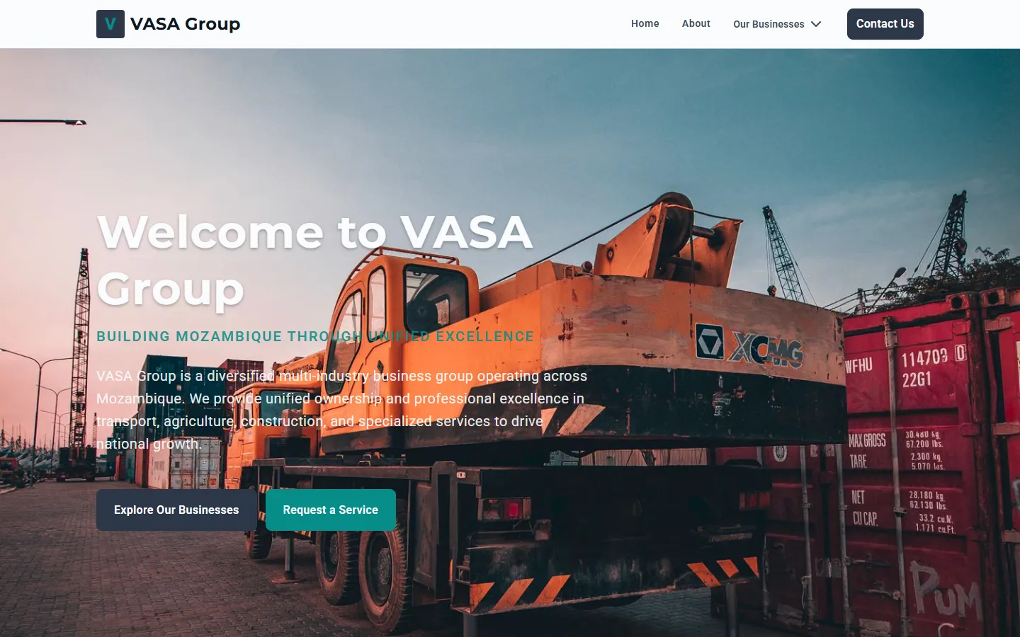 VASA Group website homepage: headline 'Welcome to VASA Group' over a photo of a crane at a container yard