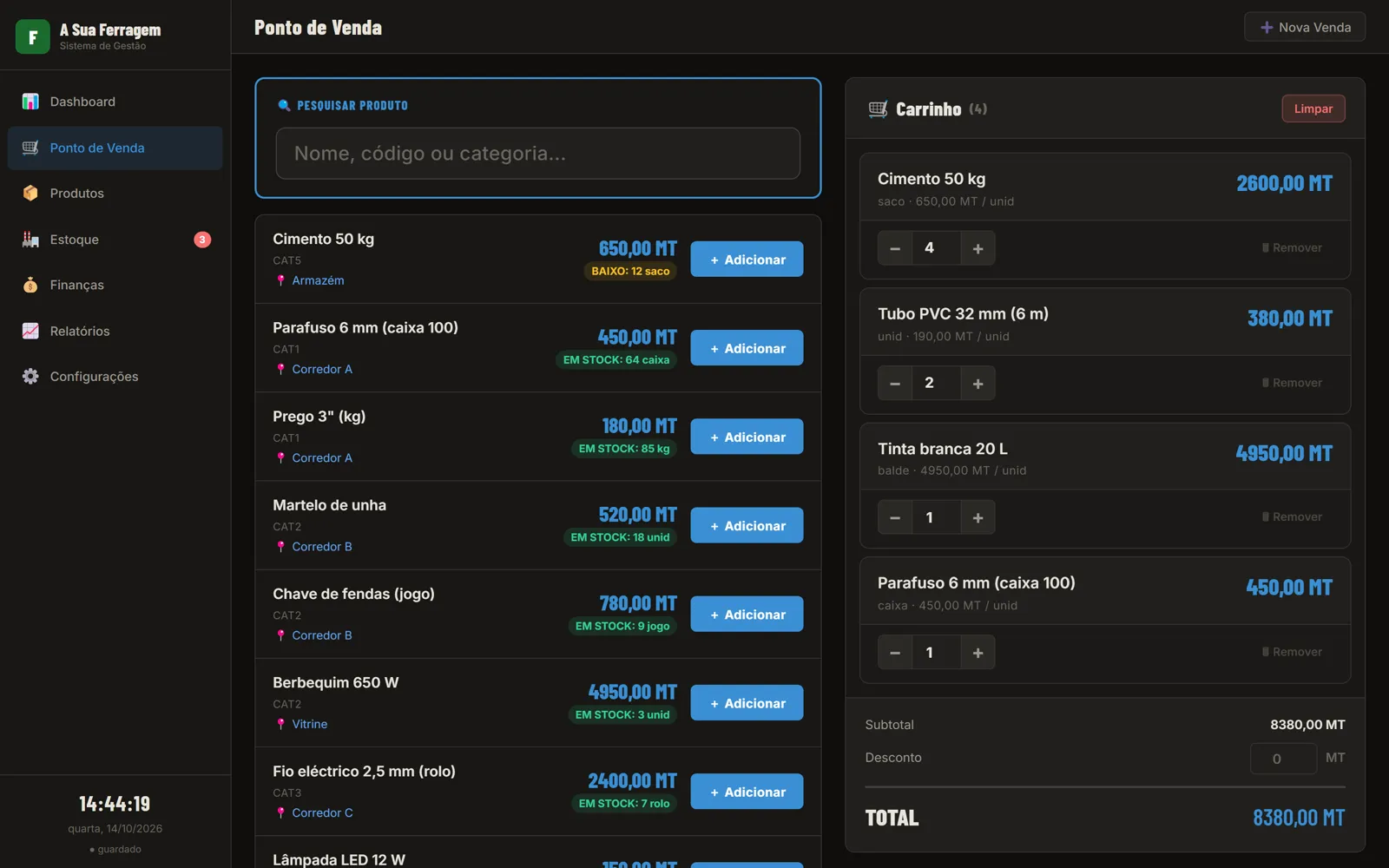 Ferragens Pro point of sale with product search and a cart