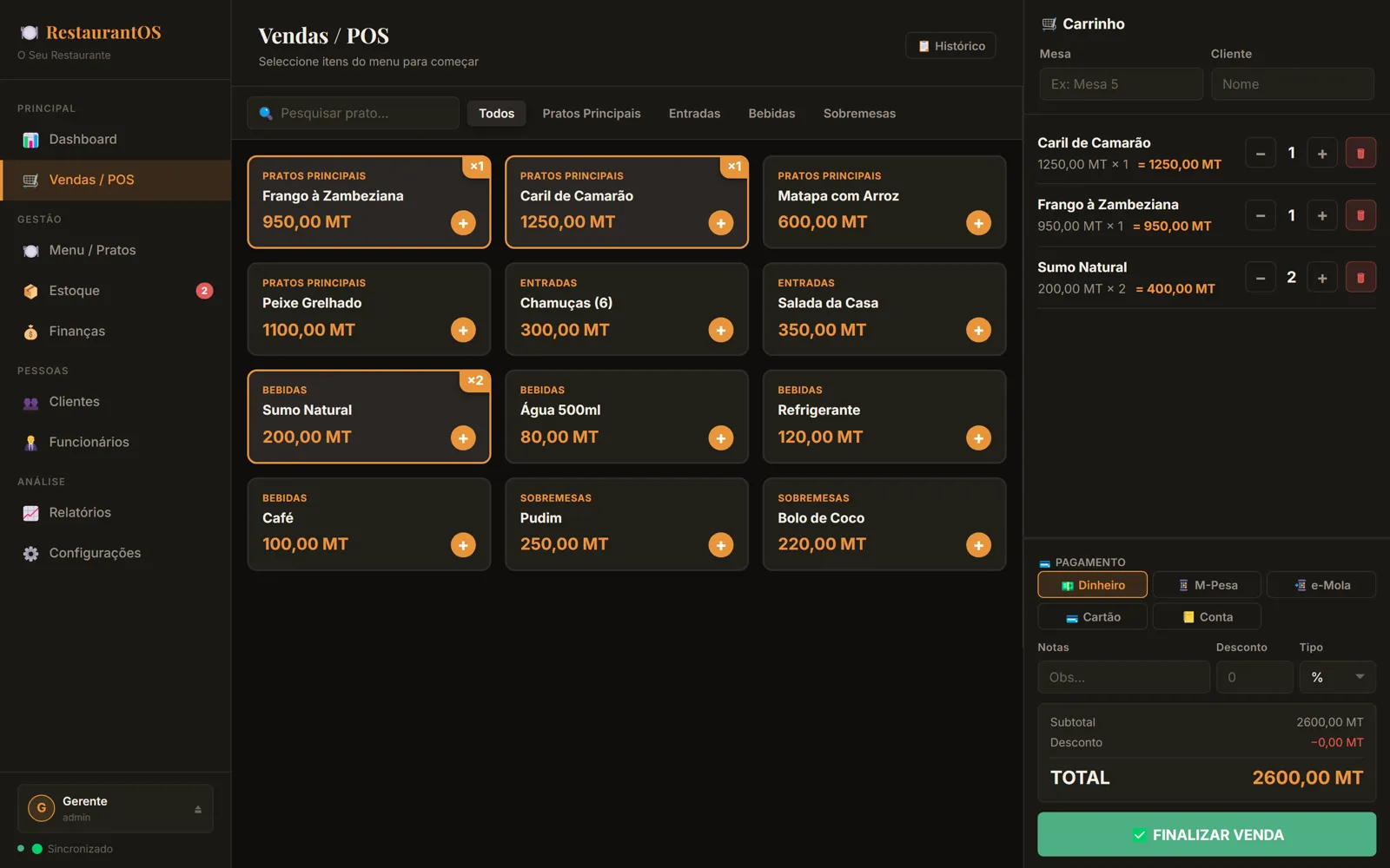 RestaurantOS point of sale with the menu and an open order